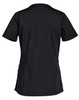 A black women's scrub top with short sleeves and a fitted design, featuring a logo on the back.