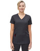 A solid black short-sleeve scrub top with a V-neck and pockets, featuring a logo.