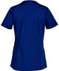 A solid navy short-sleeve scrub top with a slight tail and side pockets, featuring a logo on the back.