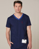 A men's scrub top in navy blue with a contrast blue neckline, featuring a chest pocket and a logo.
