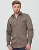 A khaki long sleeve military shirt with a button-up front, featuring shoulder epaulettes and chest pockets.