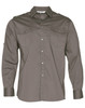 A men's long sleeve military shirt in olive green with button-up front and two chest pockets. Features a logo.