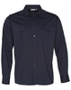 A navy blue long sleeve military-style shirt featuring two chest pockets and shoulder details. It includes a logo.