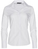 A white long sleeve button-up shirt with a collar, featuring a logo on the label.