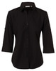 A black women's button-up shirt with 3/4 sleeves and a logo at the collar.