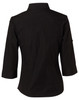 A black women's button-up shirt with 3/4 sleeves and a collar, featuring a logo on the back.