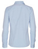 A long-sleeved, button-up shirt in light blue, featuring a simple design and a back view. Includes a logo.