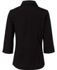 A black women's cotton/poly stretch shirt with 3/4 sleeves and a collar, featuring a smooth back design.