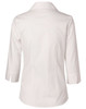 A white women's self-stripe 3/4 sleeve button-up shirt with a tailored fit and a back yoke detail.