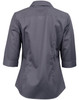 A grey women's button-up shirt with 3/4 sleeves and a dobby striped pattern, featuring a collar and back detailing.