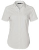 A white short-sleeved button-up shirt featuring a dobby striped pattern and a logo on the collar.
