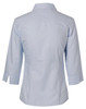 A light blue women's mini herringbone button-up shirt with 3/4 sleeves and a back view design.