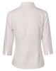 A women's white mini herringbone button-up shirt with 3/4 sleeves and a collared neck. It features a logo on the back.