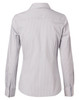 A women's long-sleeve button-up shirt in light blue and white ticking stripes, featuring a collar and back yoke.