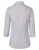 A button-up shirt in a white and navy ticking stripe design, featuring 3/4 length sleeves and a collar.