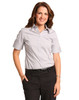 A short-sleeved women's button-up shirt with a light grey ticking stripe pattern, featuring a professional collar and fitted design.