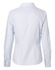 A light blue women's button-up shirt with fine stripes and long sleeves, featuring a branded logo.