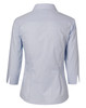 A light blue women's fine stripe button-up shirt with 3/4 sleeves, featuring a classic collar and a fitted silhouette.