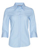 A light blue women's pinstripe 3/4 sleeve button-up shirt with a collar and a logo tag.