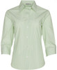 A green striped 3/4 sleeve button-up shirt featuring a collar and a logo on the label.