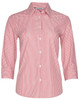 A women's button-up shirt with a red and white stripe pattern and 3/4 sleeves. Features a collar and buttons.