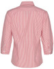 A women's 3/4 sleeve button-up shirt featuring red and white stripes, with a classic collar and a logo.