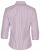 A women's button-up shirt featuring red and white stripes with 3/4 sleeves and a collar, displaying a plain back view.