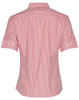 A short-sleeve women's button-up shirt featuring red and white stripes, with a back view showcasing the design.