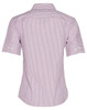 A short sleeve button-up shirt with red and white stripes, featuring a collar and a fitted design. It has a logo.
