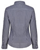 A women's long-sleeve button-up shirt in navy and white gingham check pattern, featuring a roll-up sleeve design and a logo.