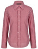 A red and white gingham check roll-up long sleeve shirt with a button-up front and collar, featuring a branding logo.
