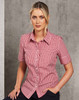 A fitted women's short-sleeve button-up shirt in red and white gingham check pattern, featuring a logo.
