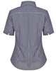 A women's short-sleeve button-up shirt featuring a navy and white gingham check pattern, with a fitted design and collar.