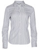 A women's long-sleeve button-up shirt featuring a blue and white sateen stripe pattern. The shirt has a collar and a logo.