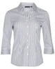A women's button-up shirt featuring blue and white sateen stripes and 3/4 sleeves. It has a collar and buttons.