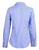 A blue and white check long-sleeve button-up shirt, featuring a fitted design and a collar. It has a logo on the fabric.