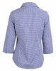 A two-tone check button-up shirt with 3/4 sleeves, featuring a blue and white pattern and a collar.