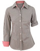 A women's long-sleeve button-up shirt in black and white gingham check with red accents on the cuffs.