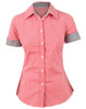 A red gingham check button-up shirt with short sleeves and a black and white checked collar. Features a logo.