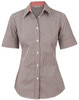 A women's short-sleeved button-up shirt featuring a brown and white gingham check pattern with a contrasting red inner collar.