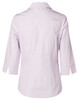A light purple women's mini check 3/4 sleeve button-up shirt with a collar and a logo.