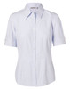 A light blue, short-sleeved women's button-up shirt with a collar and button details on the sleeves, featuring a logo.