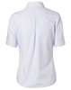 A light blue women's button-up shirt featuring short sleeves and a back pleat, with a logo on the label.