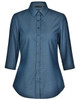 A blue ladies' button-up shirt featuring a pin dot design and 3/4 sleeves, with a collar and a logo.