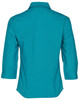 A turquoise women's 3/4 sleeve shirt with a collar, featuring a back view and a logo.