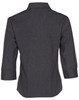 A dark grey women's 3/4 sleeve shirt with a collared neckline and a logo on the back.