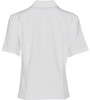 A white short sleeve overblouse with a collar, featuring a logo and a neat back design.