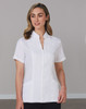 A white women's full zip front tunic with short sleeves and a stand-up collar, featuring a logo.