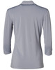A grey mid sleeve knit top with a collared neckline, featuring a logo on the back.