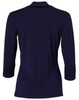 A navy blue mid-sleeve knit top featuring a shawl collar and a logo on the back.